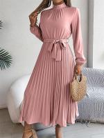 Vestido plisado elegante con cuello levantado y manga larga y cintura cerrada para mujer, vestido largo de Otoño Invierno - details 42
