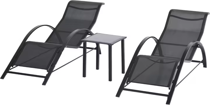 Juego de 2 tumbonas de jardín para exteriores con mesa auxiliar de vidrio templado, tumbonas con respaldo y reposabrazos para patio, piscina, terraza exterior, gris. - 1