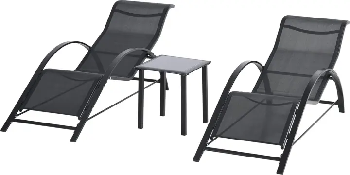 Juego de 2 tumbonas de jardín para exteriores con mesa auxiliar de vidrio templado, tumbonas con respaldo y reposabrazos para patio, piscina, terraza exterior, gris. - 1