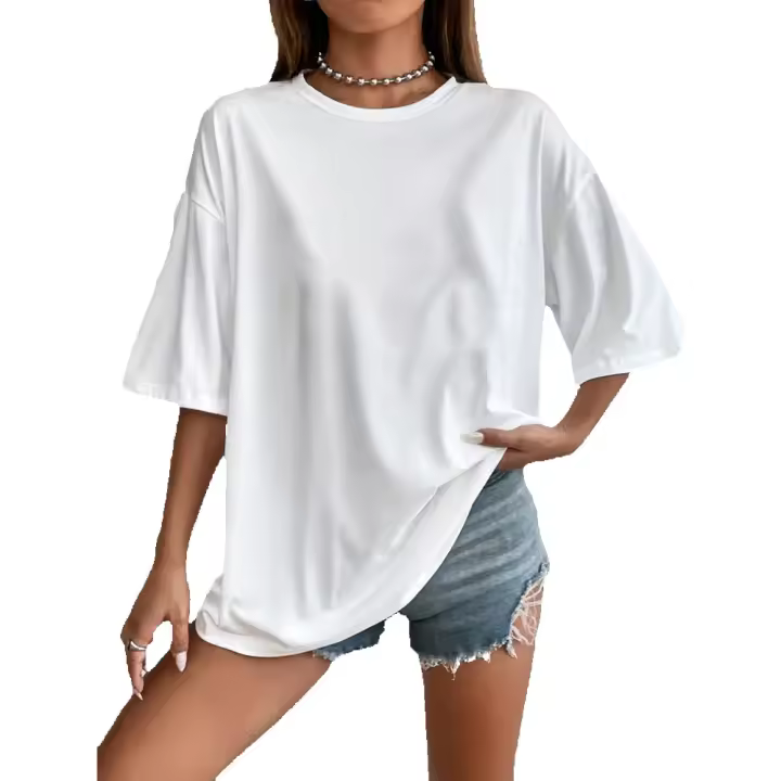 Primavera verano europeo y americano simple blanco manga corta suelta camiseta cuello redondo media manga poliéster versión ligera top - 1