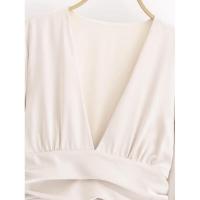 Mini vestido liso de satén de otoño para mujer, Vestidos informales de manga larga con cuello en V y cintura fruncida, Vestidos femeninos - details 1