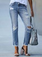 Pantalones vaqueros ajustados recortados con dobladillo crudo rasgados, pantalones ajustados de cintura alta, ropa de mezclilla para mujer - details 7