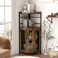 Armario de Esquina con Soporte de Copas, Mueble Bar con Puertas de Malla Metálica, Aparador de Vino con Estante Ajustable, Botellero Esquinero para Cocina, Comedor, 48 x 48 x 130 cm (Marrón) - details 6