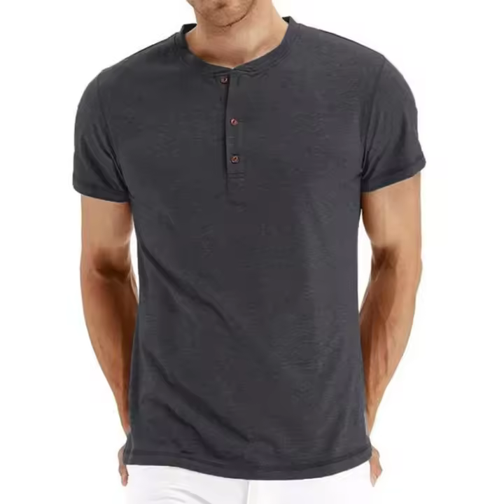 Camiseta de algodón de calidad de marca, cuello Henry, diseño de moda, ajuste slim, camisetas sólidas para hombre, camisetas de manga corta para hombre - 1