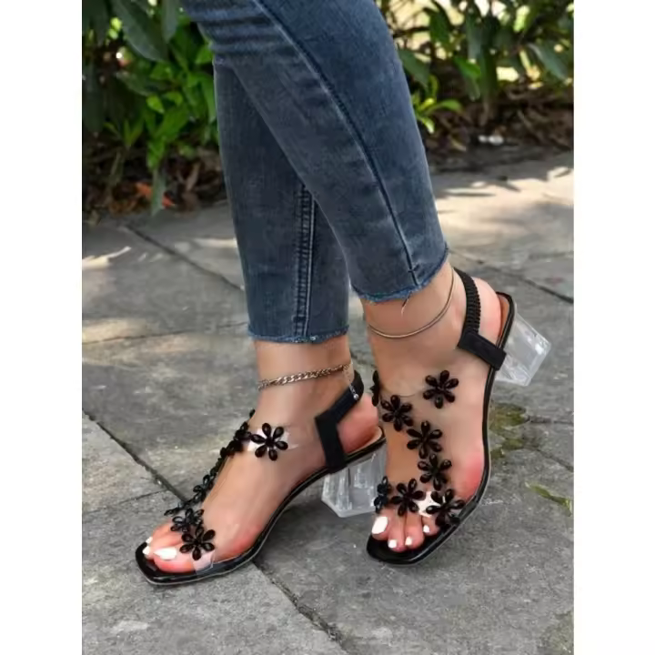 Sandalias de mujer novedad de verano moda mujer Bling flores Rhinestone transparente raíz sandalias con punta abierta zapatos de mujer - 1