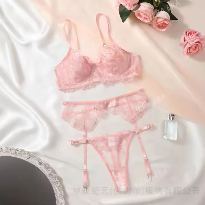 HERA Fashion Nuevo conjunto de sujetador de lencería sexy dulce rosa bordado - 1