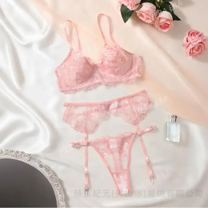 HERA Fashion Nuevo conjunto de sujetador de lencería sexy dulce rosa bordado - 1