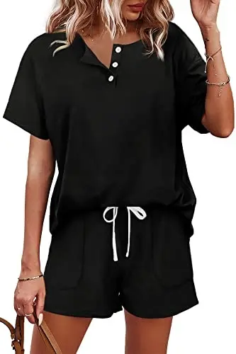 Conjuntos de dos piezas para mujer Conjuntos de salón con botones y pantalones cortos Conjunto de sudaderas con bolsillos - 1