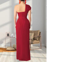 Invitada con un hombro largo y diseño de bloques de color Wo, estilo elegante, vestido de noche de boda de longitud media, vestido nquet para Wo, estilo, , - details 7