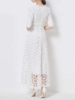 Elegante Vestido Maxi Blanco VGH Cuello en V, Manga Alta, Cintura Recortada, Adelgazante - details 5