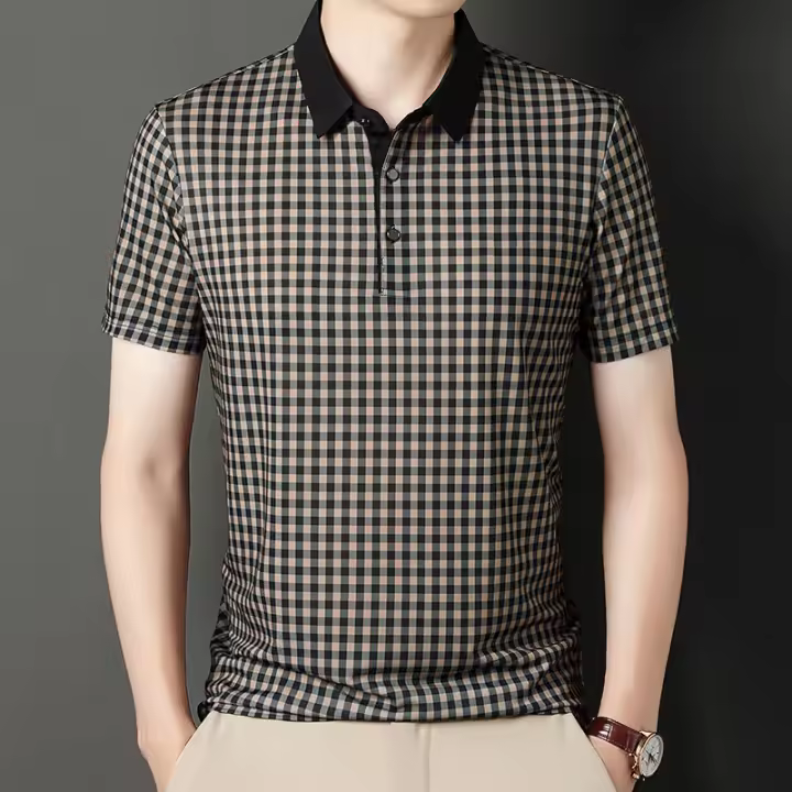 Camisa polo a cuadros con cuello, camiseta informal de negocios de verano, cuello de moda para hombre - 1