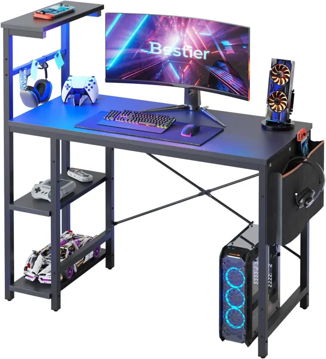 para Ordenador con estanterías, pequeño Escritorio esquinero con iluminación LED y enchufes, 113 cm - 1