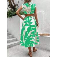 Vestido largo de mujer con estampado floral de plantas, cuello redondo, manga corta y cintura alta para el verano de 2024 - details 13