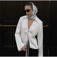 BUNO-Camisa con cordones y lazo con cuello en V, camisas de gasa con solapa de manga larga y textura satinada de seda, blusa holgada informal a la moda, cárdigan, Top para mujer - details 4
