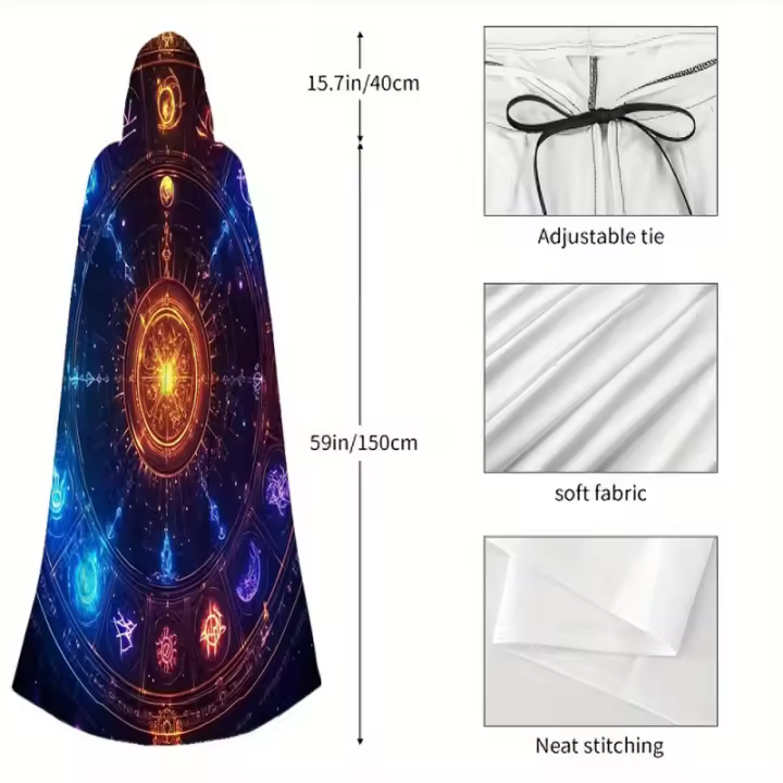 1pc Capa con Capucha de Mandala del Zodíaco Místico - Disfraz de la Era Medieval de la Edad de Renacimiento, Diseño Vibrante en Azul y Púrpura, Lavar a Mano Sólo, Mezcla de Poliéster para Actuaciones en Escenario y Cosplay, Accesorio de Cosplay - 1