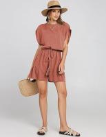 Verano nuevo mono de algodón y lino mono suelto de manga corta con cintura casual Mono de lino informal de verano para mujer Cuello redondo Espalda abierta Mono corto con volantes y cordón - details 2