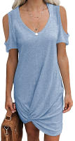 Vestido de manga corta para mujer, camiseta retorcida con hombros descubiertos, Color sólido, verano europeo y americano, primavera y verano - details 5
