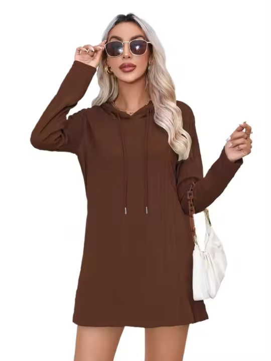Vestido de punto con capucha de manga larga para mujer, vestidos cortos sueltos de Color sólido, tres Retro elegantes, promoción, nuevo - 1