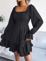 Vestido elegante de manga larga para mujer, falda de cuello cuadrado, de Color sólido vestido de volantes, moda de primavera y otoño - details 24