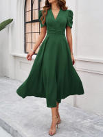 Primavera Verano elegante cintura con cuello en V Color sólido vestido de manga corta moda mujer - details 4