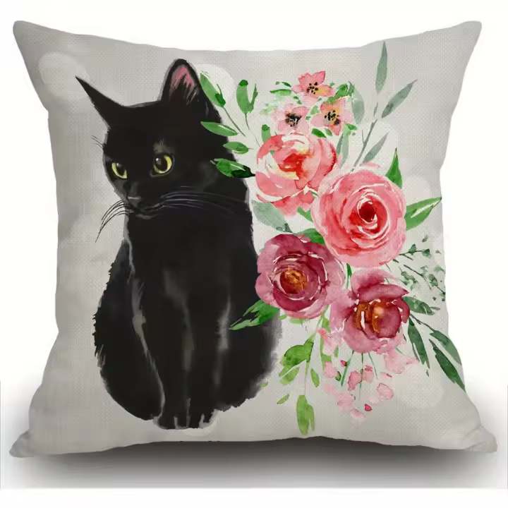 1 Funda De Cojín Cuadrada De Lino Y Algodón Con Diseño De Gato Negro Y Flores De Acuarela (18,0X18,0 pulgadas) - 1