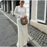 Vestido largo de punto con mangas acampanadas y dobladillo con volantes para mujer, Vestido elegante con espalda descubierta y cuello redondo con cordones, batas de vacaciones para mujer - details 7