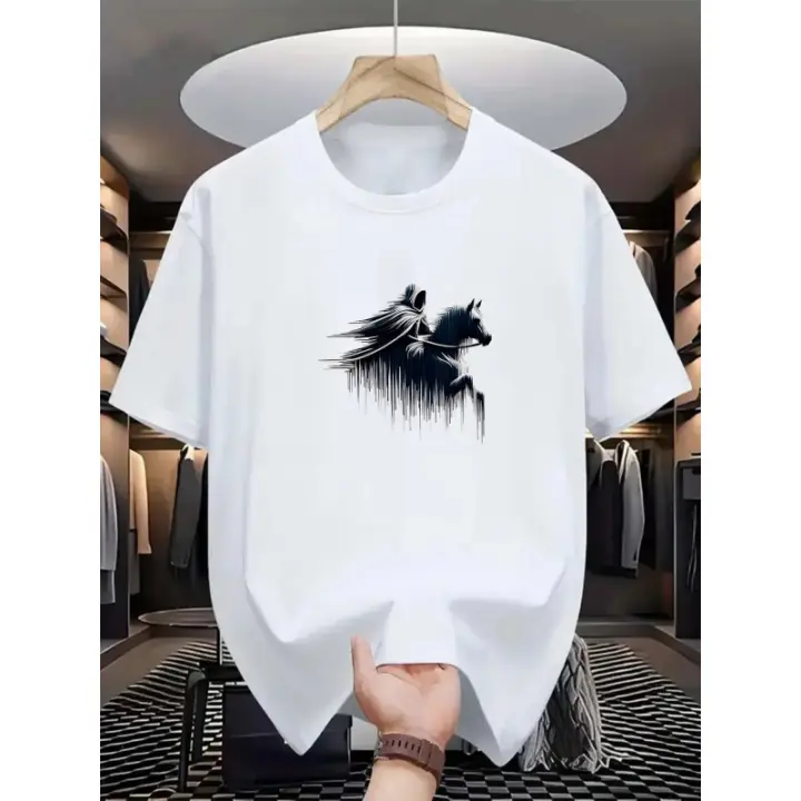Camiseta Casual de Cuello Redondo para Hombres Ligera de Verano, Manga Corta, Estampado de Caballo Geométrico Ropa de Moda de Estilo Urban - 1