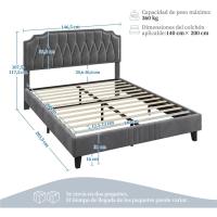 Marco de cama con cabecera tapizada, altura ajustable, soporte de láminas de madera y patas metálicas, color gris oscuro. - details 1
