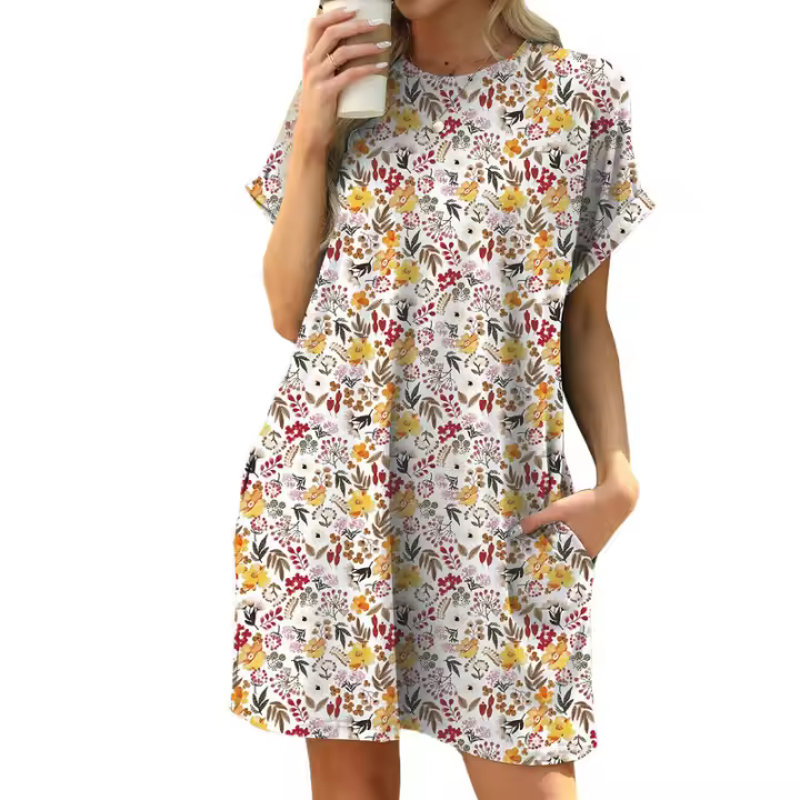BUNO-2025 Camiseta holgada de manga corta para mujer, vestidos estampados con bolsillos y cuello redondo - 1