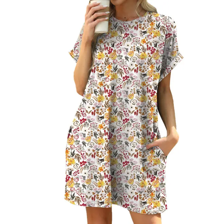 BUNO-2025 Camiseta holgada de manga corta para mujer, vestidos estampados con bolsillos y cuello redondo - 1