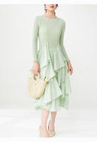 Vestido de primavera Miyake para mujer, aspecto sofisticado, cintura delgada, con bordes con volantes y mangas largas con elegancia. - details 22