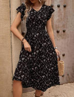Vestido estampado de verano 2025, nuevo, elegante, para mujer, con cuello en V, lazo en la cintura y mangas con volantes. - details 3