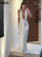 Kliou Halter fruncido mujeres Maxi vestido clásico sólido cuello bajo espalda descubierta elegante Simple bata femenina High Street Vestidos de vacaciones - details 9