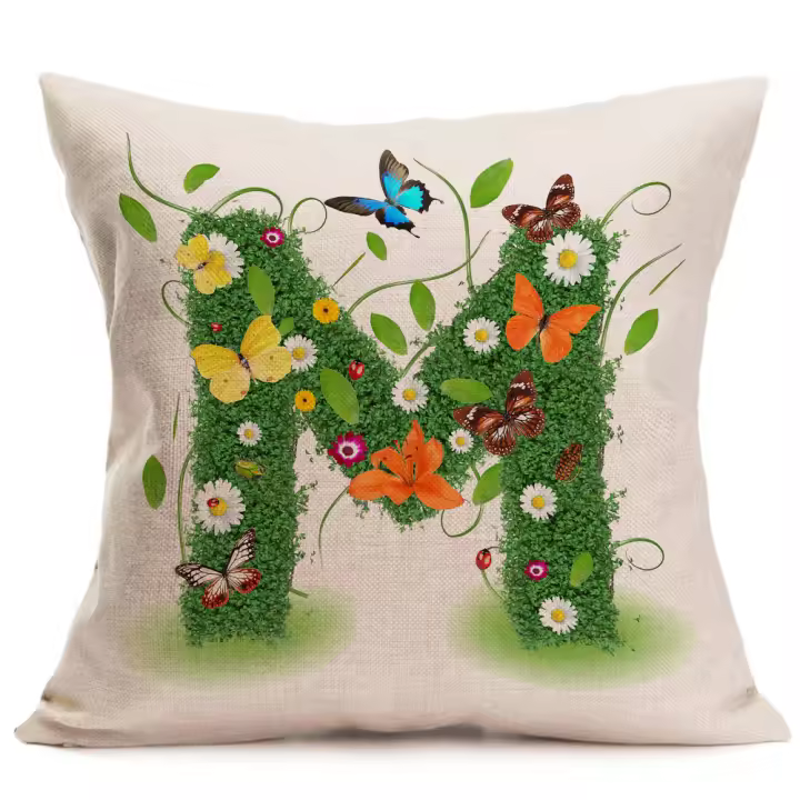 Funda de almohada de lino nórdico con letras en inglés de mariposa de pétalos de primavera, funda de cojín para sofá - 1