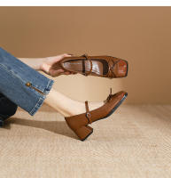 Zapatos individuales de tacón grueso cosidos con lazo de nuevo estilo, zapatos de mujer de tacón medio. - details 24