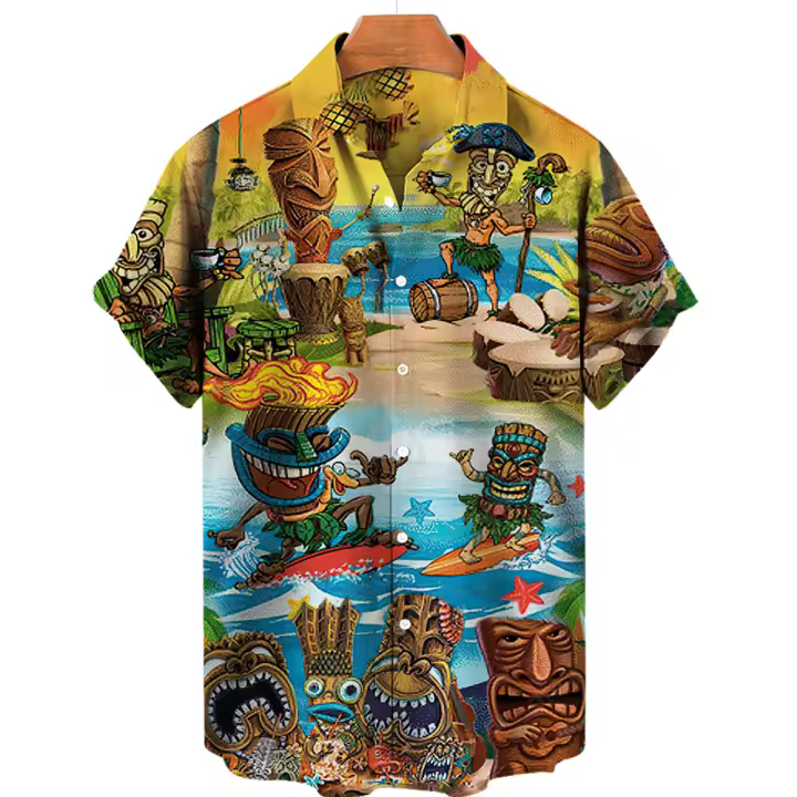 Camisa Vintage para hombre con estampado de diseño Maya, camisa hawaiana de manga corta con solapa informal para exteriores, ropa holgada de calle - 1