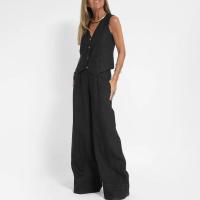 Elegante chaleco Y2K para mujer, conjunto de 2 piezas, sin mangas, cuello en V, con botones, ropa de abrigo, conjunto de pantalones de pierna ancha - details 8
