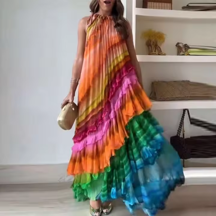 Vestido Bohemio de Encaje Suelto con Cordones de Verano Vestido Largo de Pastel de Capas con Estampado de Gradiente para Mujeres - 1