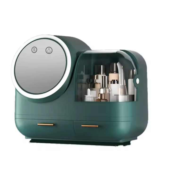 Organizador de maquillaje portátil, caja de almacenamiento de cosméticos con luz LED, espejo HD, se puede girar, carga USB, alta capacidad - 1