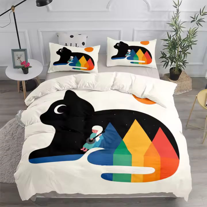 Ellen Poe Juego de funda nórdica de noche estrellada de gato negro, juego de ropa de cama King Queen doble, tamaño individual - 1