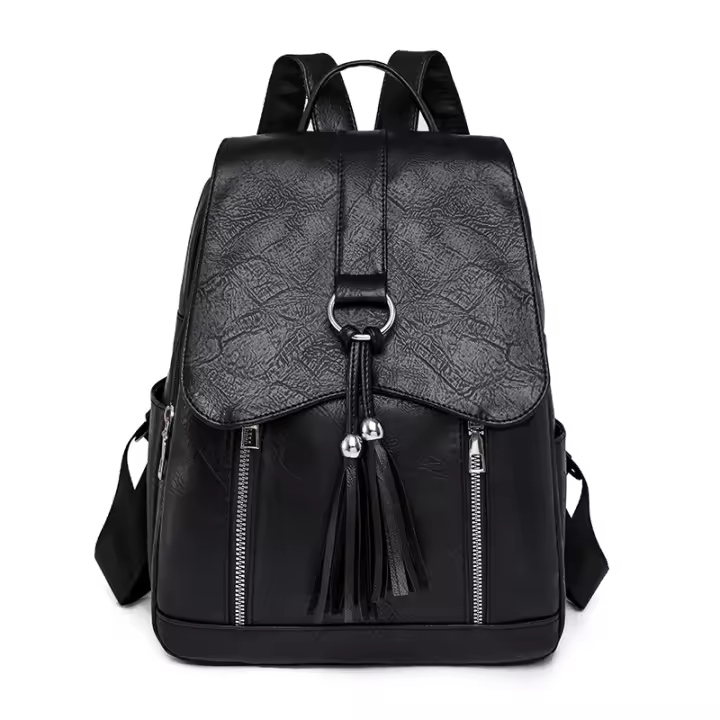 Mochila de piel sintética para mujer, con borla Bolso pequeño, informal, vintage, rosa, azul y negro - 1