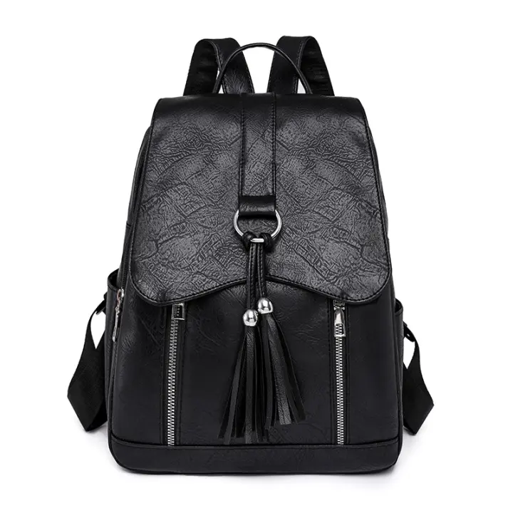 Mochila de piel sintética para mujer, con borla Bolso pequeño, informal, vintage, rosa, azul y negro - 1