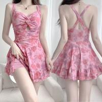Traje de baño conservador de moda coreana sexy de una pieza con estampado floral rosa y nudo arrugado mini vestido culottes bikinis traje de baño acolchado - details 2