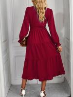 Vestidos largos informales para mujer, Vestido de manga larga con cuello en V y cintura alta, rojo burdeos S - details 10