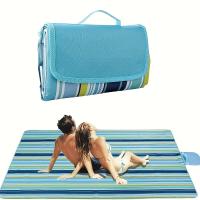 1 paquete de manta de picnic al aire libre extra grande de 20 cm x 15 cm y estera de playa - Portátil impermeable a prueba de arena con respaldo de piel sintética de ante, diseño de rayas azules y blancas para acampar, senderismo, festivales, esencial par - details 1