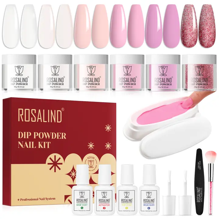 ROSALIND-Polvo de inmersión para uñas, juego de polvos acrílicos de Color puro con capa superior Base, decoraciones artísticas para uñas, 10g - 1