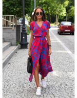 Vestido de manga corta para mujer, estampado de tiras, cuello en V, medio largo - details 1