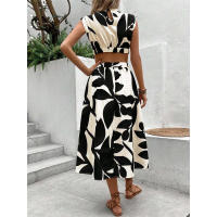 Vestido largo de mujer con estampado floral de plantas, cuello redondo, manga corta y cintura alta para el verano de 2024 - details 2