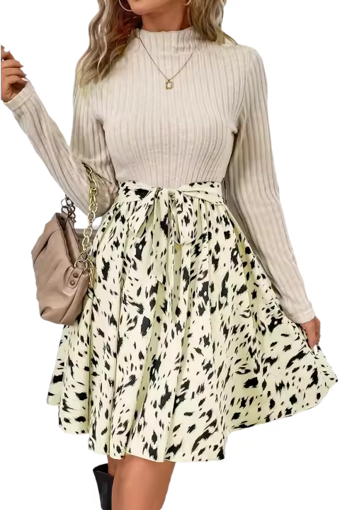 Elrachen Vestido de mujer con cinturón y estampado de retazos de punto acanalado, color beige, tallas S-XL - 1