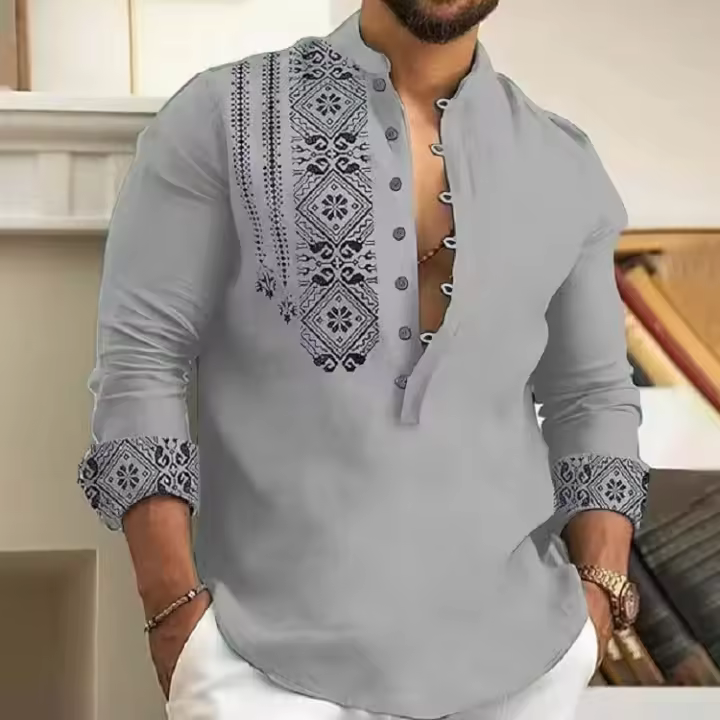 Camisa Casual de Cuello Henley para Hombres Manga Larga Material de Poliéster Talla Grande - 1